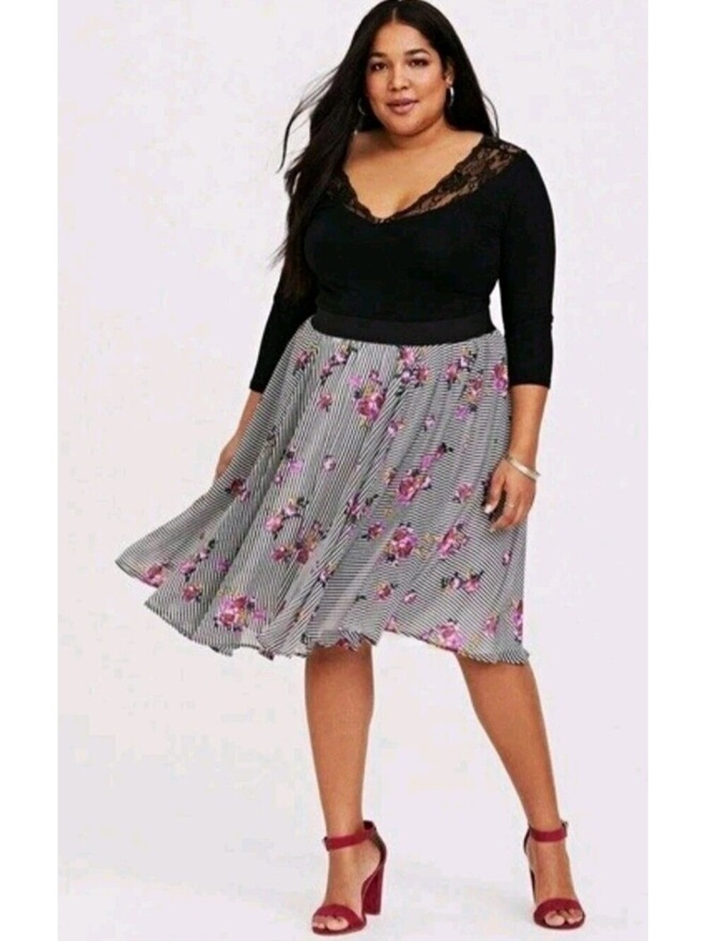 Torrid Black White Striped Floral Pleated Pull-On A-Line Knee Skirt 1X